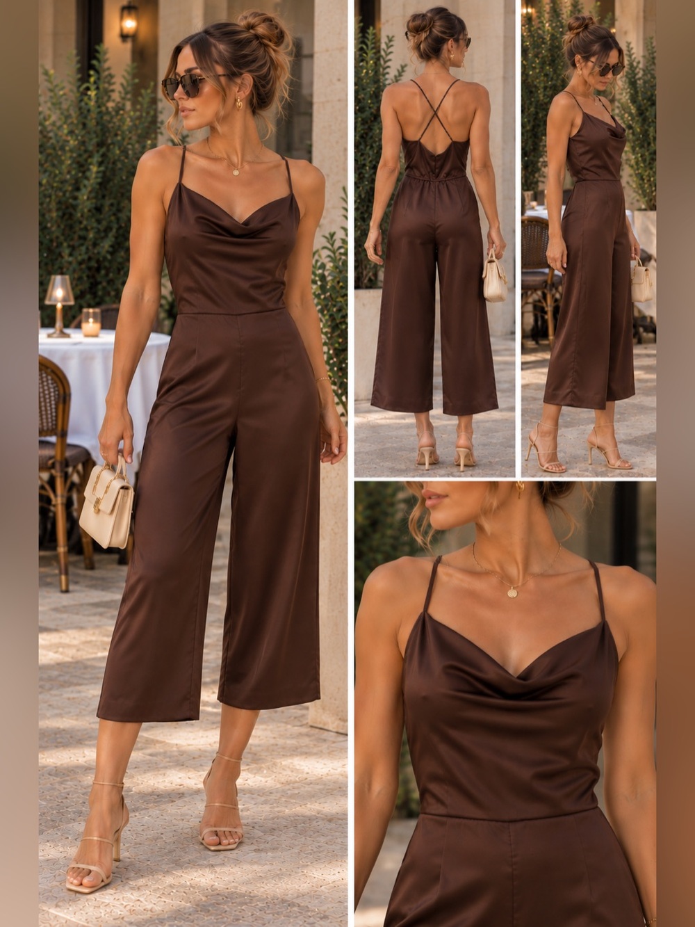 Abercrombie & Fitch Brown Satin Cowl Neck Cropped Jumpsuit Size L